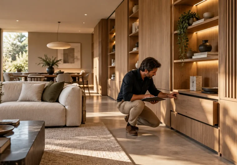 Carpintería integral a medida en un interior moderno con mobiliario de madera