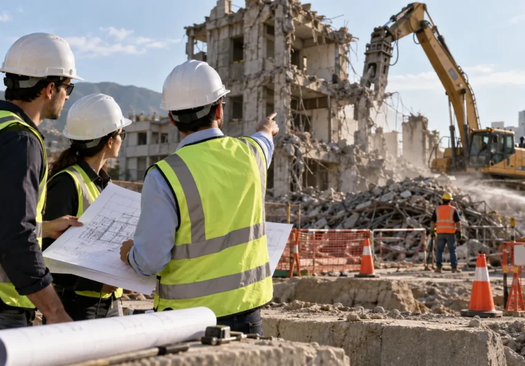 Ingenieros supervisando una demolición y obra civil con maquinaria y planos